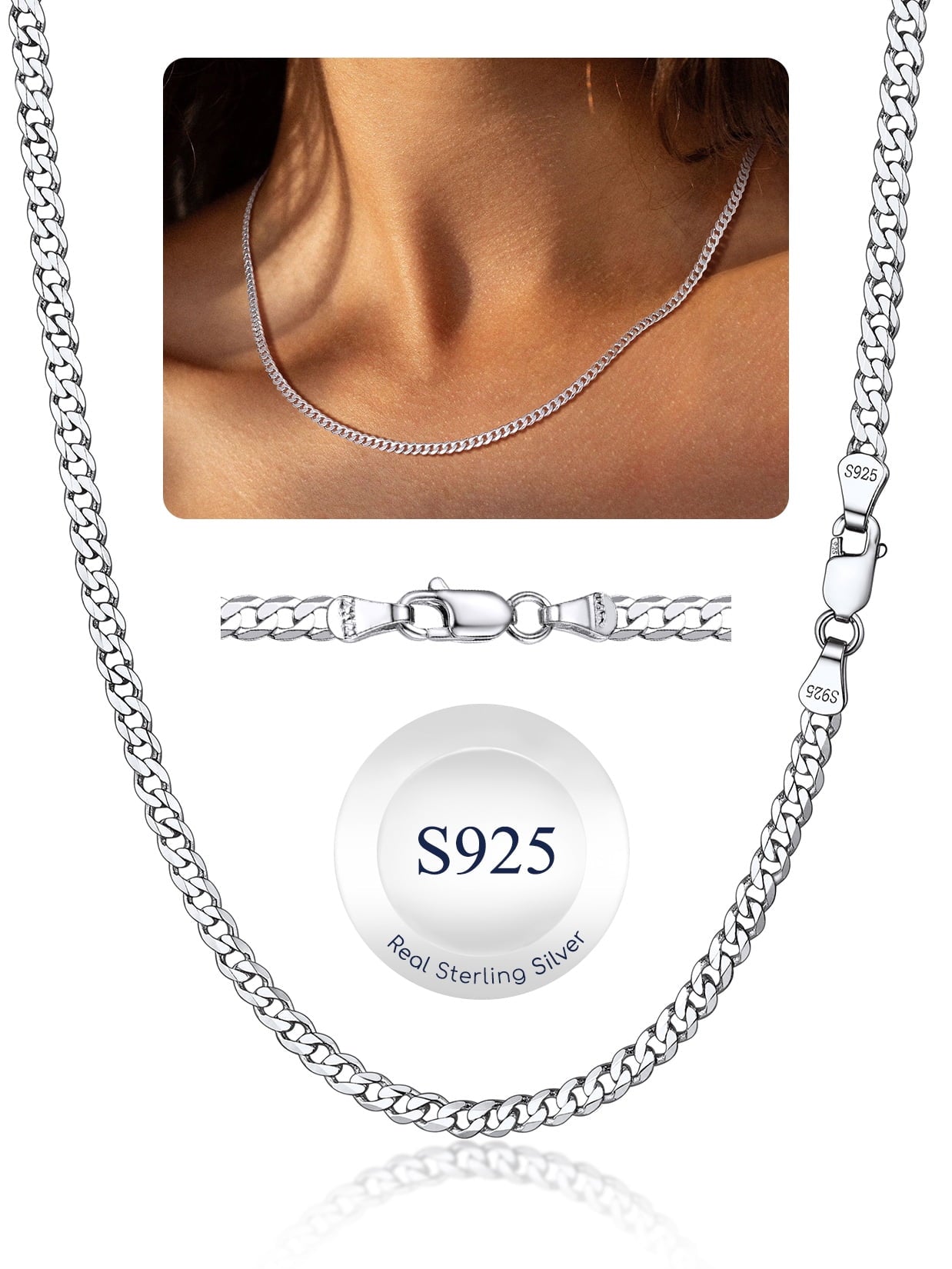 Elegant 3mm Solid 925 Sterling Silver Curb Chain Necklace for Men and Women - Perfect for Every Occasion